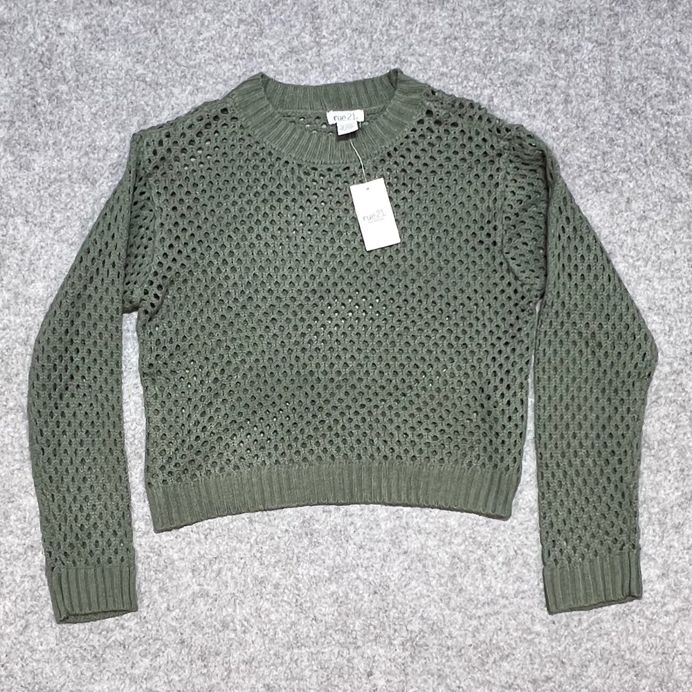 NEW With Tag Rue21 Womens Olive Green Open Knit Cropped Sweater Crew Neck XS - Picture 2 of 5